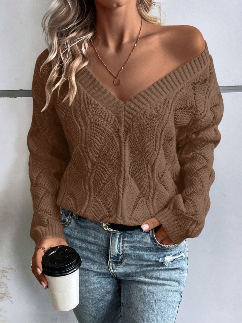 Chocolate Brown Casual Women's V-Neck Pullover Long Sleeve Sweater Knit Pullover